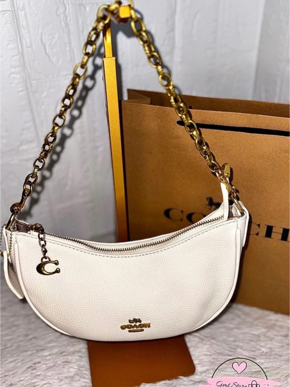 Coach Cashin Carry Crescent Bag White & Gold Shoulder Bag